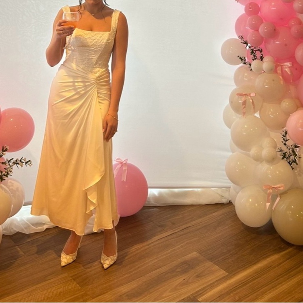 BHLDN White Sleeveless Midi Dress with Ruched Side Drape and Thigh Slit